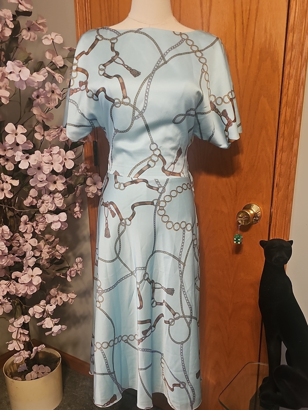 Marciano By Guess Silky Baby Blue Chain Print Dress